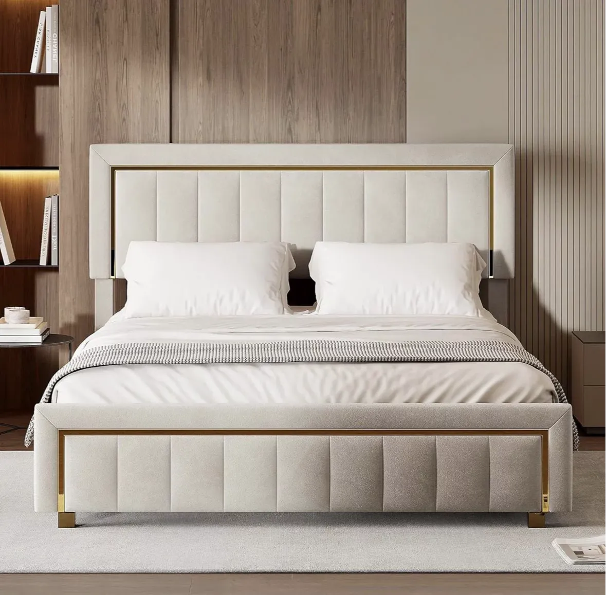 The Aurelia Velvet & Gold Accent Platform Bed Frame