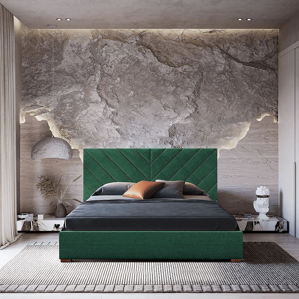 The Chevron Luxe Deep Blue Velvet Platform Bed