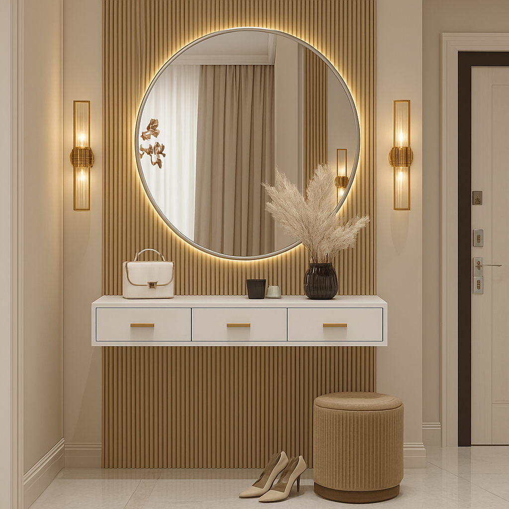 The Lumina Floating Console Table with LED Round Mirror Set