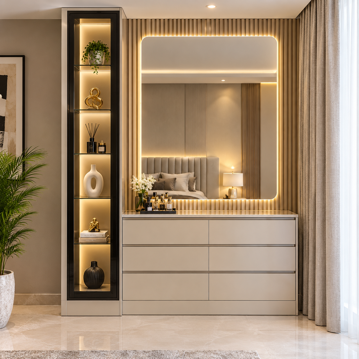 Luxury Slatted Vanity with LED Display Cabinet