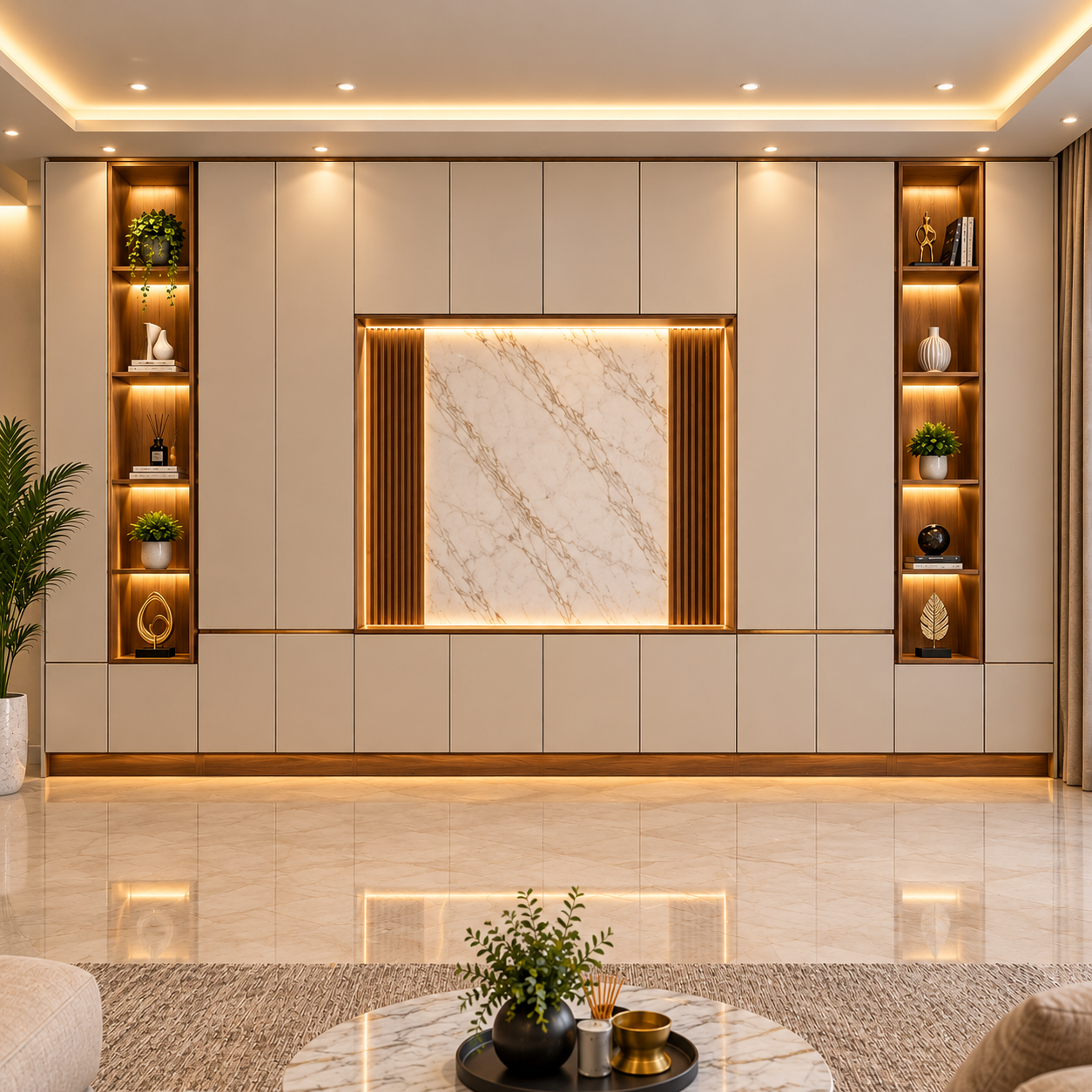 Warm Marble Feature Wall Living Room