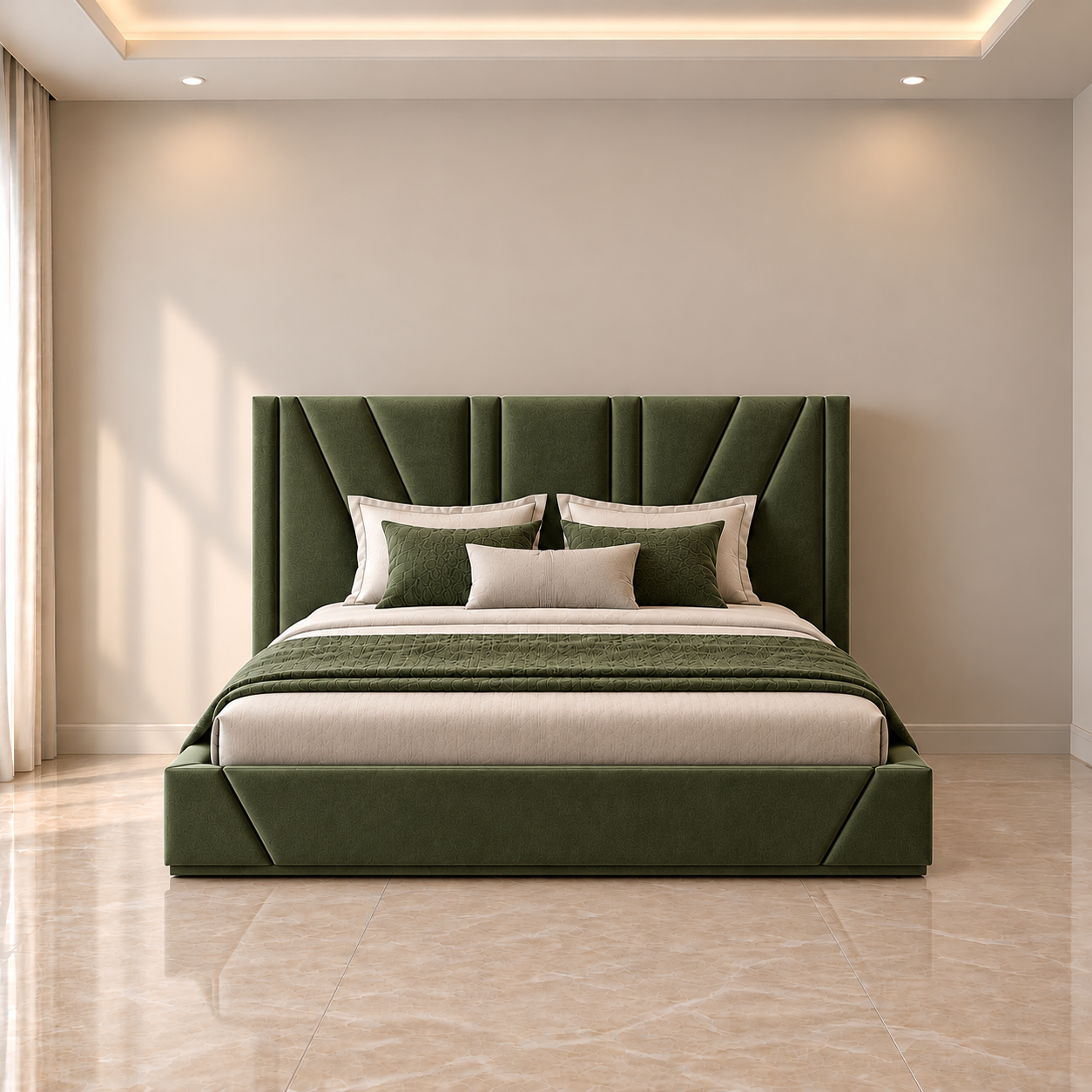 Olive Luxe Geometric Upholstered Bed